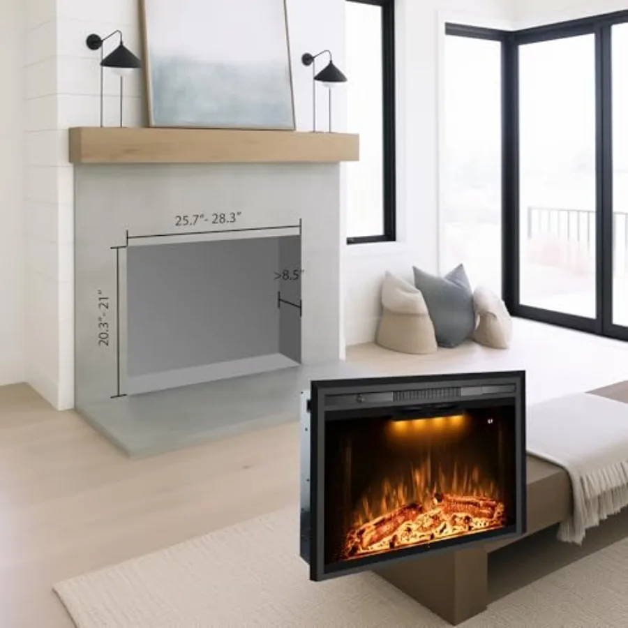 28-Zoll-Elektrokamin-Einsätze mit Glastür für die Einbauinstallation. Elektrische Kaminheizung mit realistischem Kaminofen