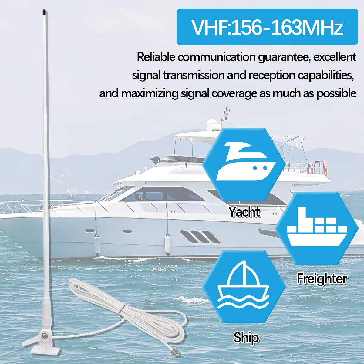 ABBREE VHF 해양 라디오 안테나 156-163MHz 유리섬유 고이득 PL259 커넥터 RG58 케이블 보트 요트용 방수