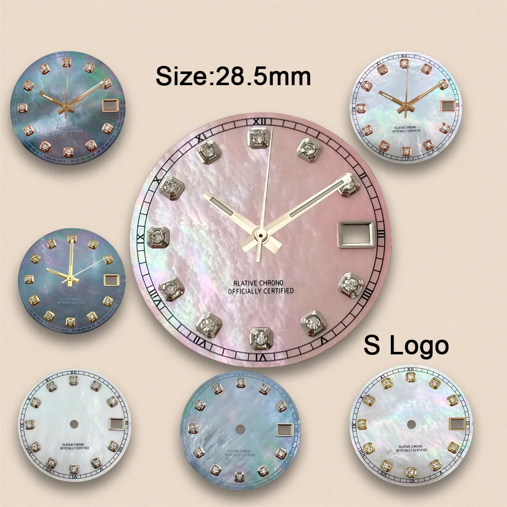 28.5mm S Logo NH35 Diamonds Mother Pearl Dial Fit NH35 Movement No Luminous Watch Accessories Repair tools ﻿