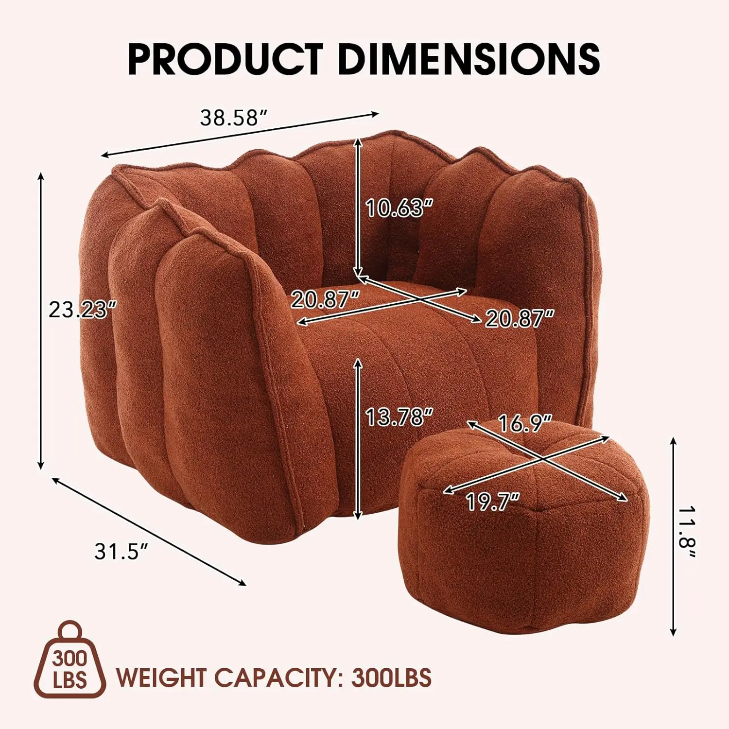 Bean Bag Chair, Teddy Upholstered Bean Bag Sofa With Round Ottoman, Stuffed Bean Bag Couch With Petal Backrest, Comfy Lazy Sofa