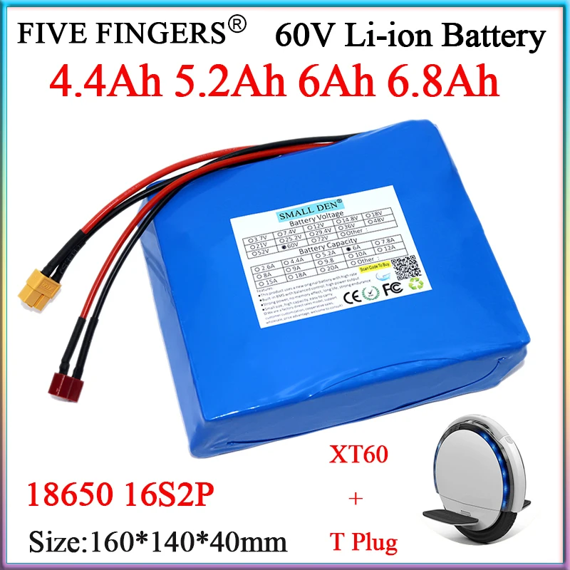 New 60V 4.4Ah 5.2Ah 6Ah 6.8Ah Lithium  Battery Pack 18650 16S2P 0-900W Built-in BMS For Self Balance Scooter, Electric Unicycles