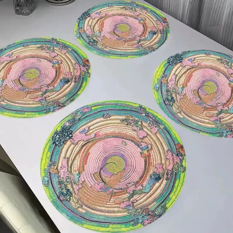 VIKAMA Colorful Flower Ring Round Linen Placemats Heat Resistant Wear-Resistant Washable for Dining Table Kitchen Decor