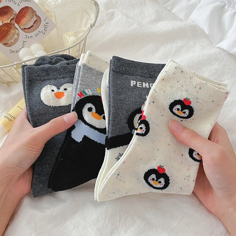 1Pair Four Season Women's Point Yarn Japanese Sweet And Cute Cartoon Penguin Pattern Versatile And Comfortable Long Socks