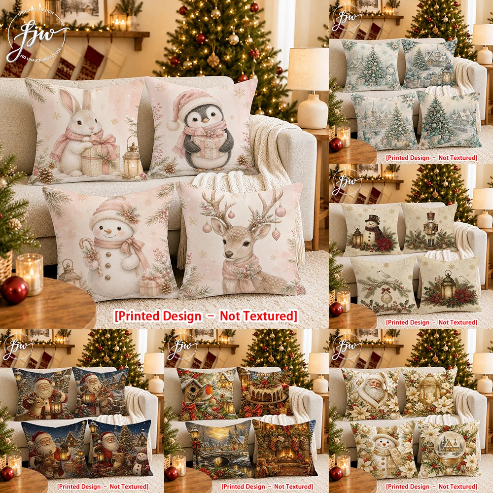 [Printed Design – Not Textured]-4pcs Christmas Vintage Throw Pillow Covers Set New Year party decoration cushion Cover