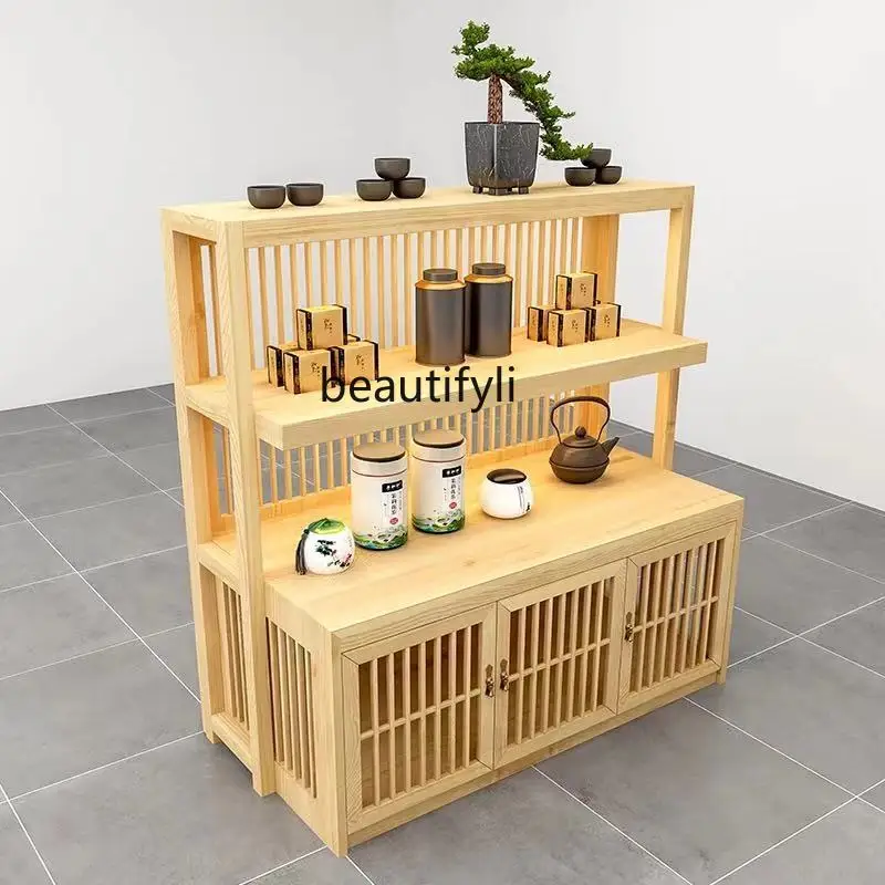 Massief Hout Retro Zhongdao Showcase Theekast Dubbelzijdig Display Plank Multi-Layer Display Rack