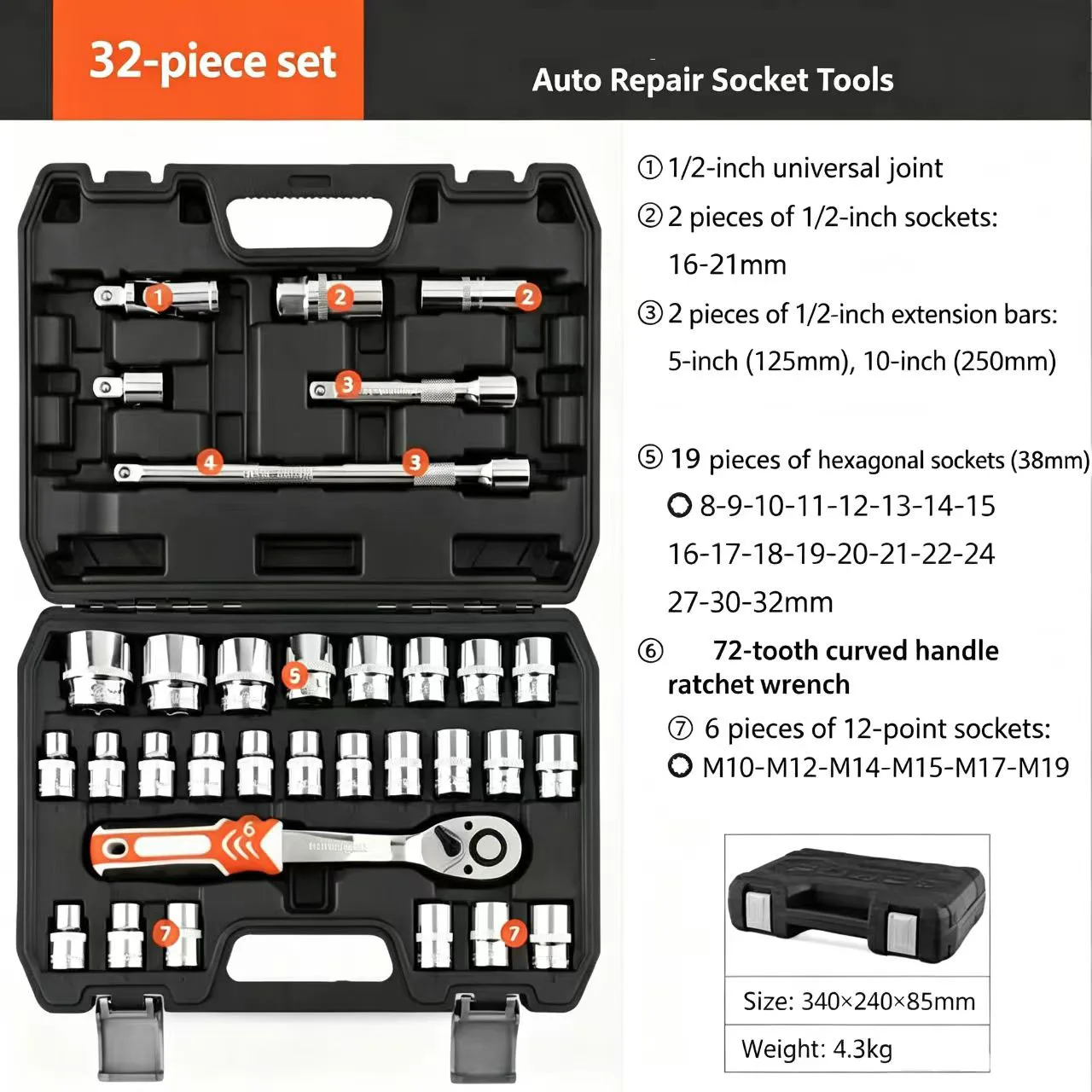32PCS 1/2 Inch Drive Socket Wrench Set 8-32mm 12 Point Chrome Vanadium Steel Ratchet Spanner Kit…