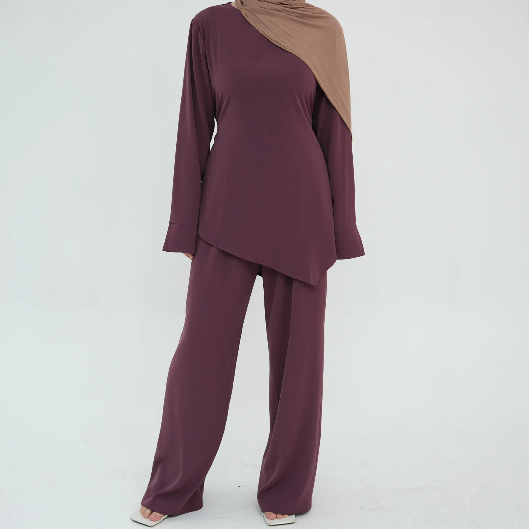 

Casual Hijabi Matching Set 2 Piece, Asymmetry Tunic Top + Straight Legs Pants, Modest Muslim Women Suit Ramadan Islamic Clothing