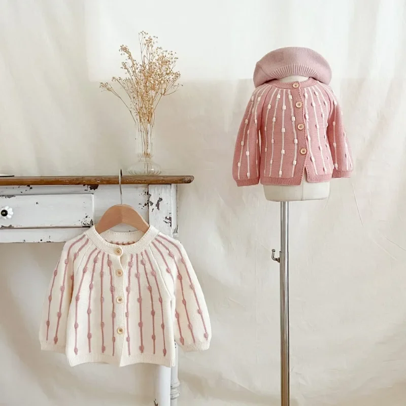 HoneyCherry Autumn New Girl Baby Cotton Knit Top Coat Baby Hand Hook Bubble Cardigan Sweater Kids Clothes Girls Knit Sweater