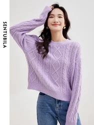 SENTUBILA Argyle Vintage Knitted Sweater 2024 Spring Purple Casual O-neck Long Sleeve Knit Top Straight Loose Jumper W34E52249