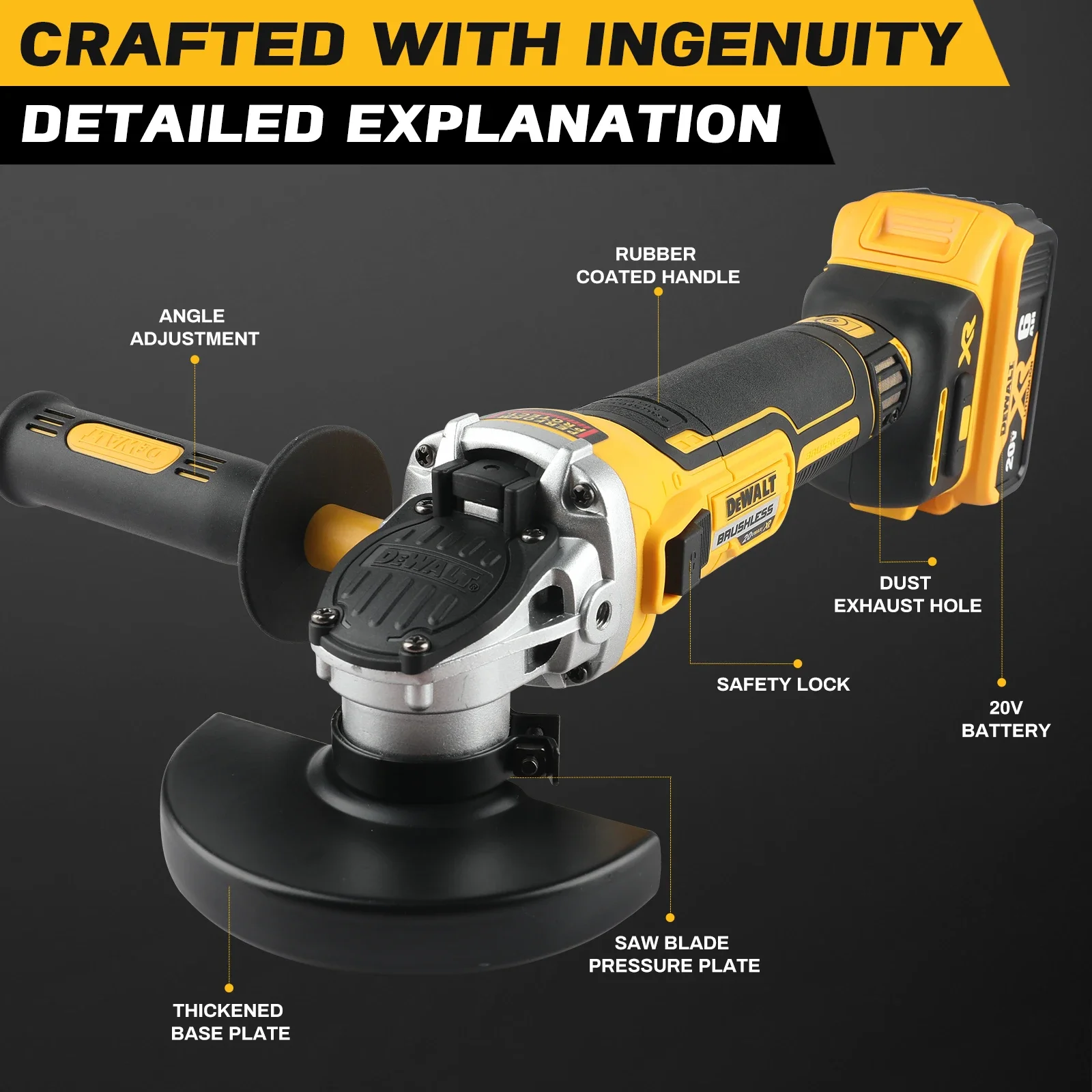 DeWALT DCG405 20V Li-ion Angle Grinder, 680W, 125mm Disc, M14, 9000RPM, 6.0Ah Battery, Brushless Tool for Wood & Metal Work - view 3