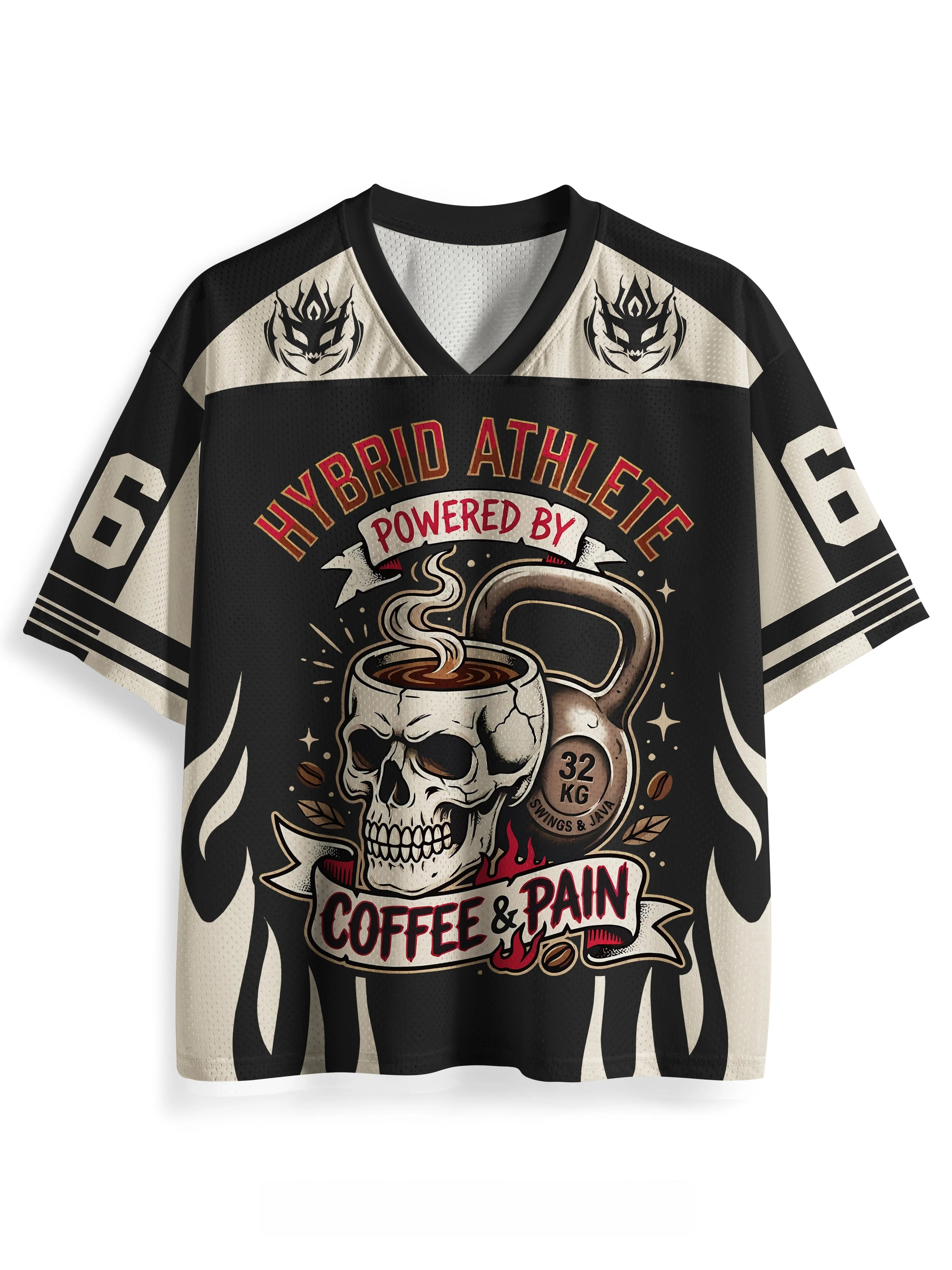 Skull Coffee Kettlebell Graphic Mesh Jersey Unisex V‑Neck Short Sleeve Loose Breathable Sports Tops