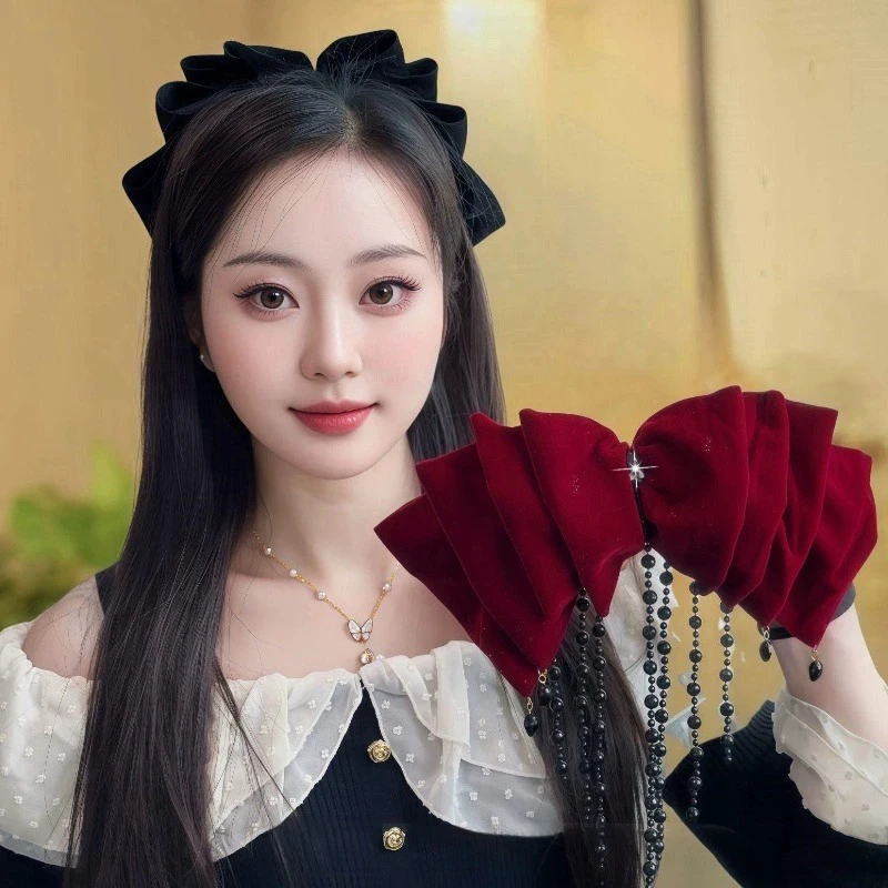 

Elegant Cloth Velvet Bow Hair Clip Beads Hair Claw New Year Headwear Tassel Hair Crab Clip Bowknot Spring Clip Ponytail Holder
