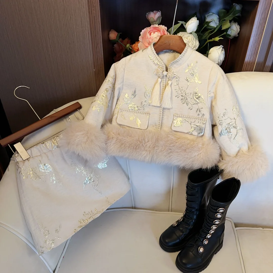 Ricamo floreale cappotto spesso + gonna corta 2 pezzi bambini inverno principessa vestiti Set bambino ragazza autunno abbigliamento bambini vestito