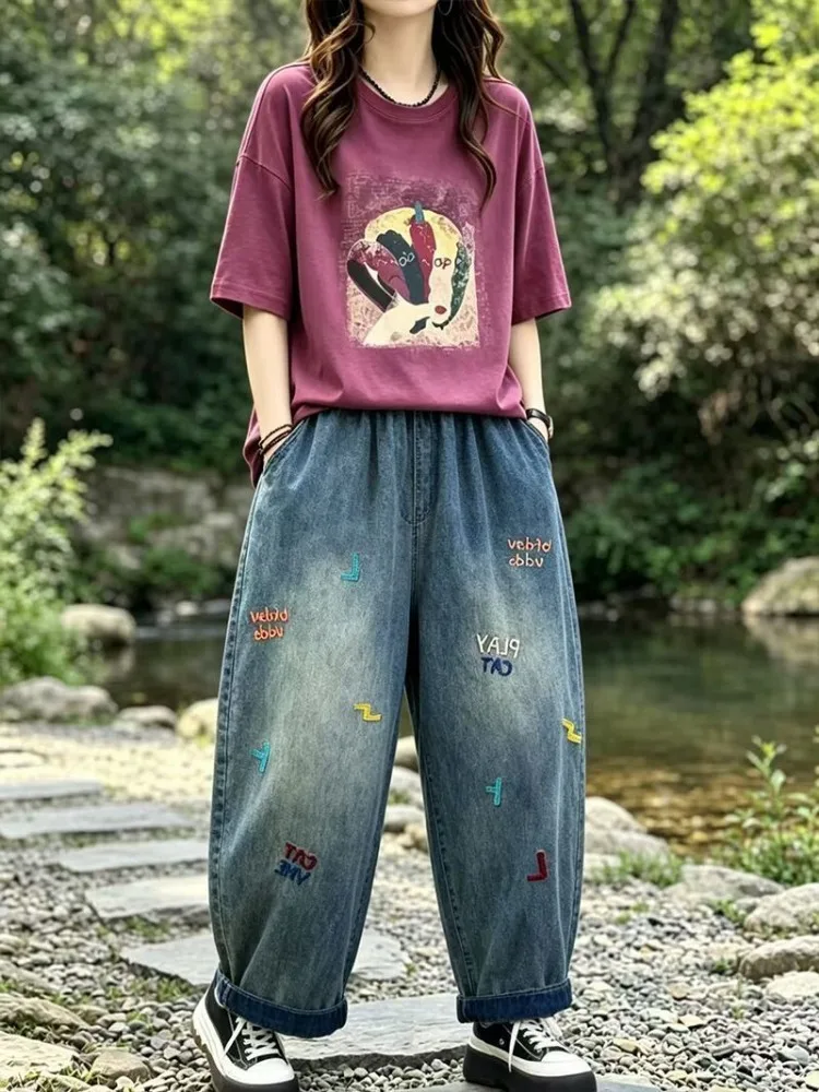 Retro Two-piece Set Woman Summer Stamp T-shirt Wash Cowboy Harem Pants High Waist Jeans Embroidery Plus Size Outfit Pant Sets