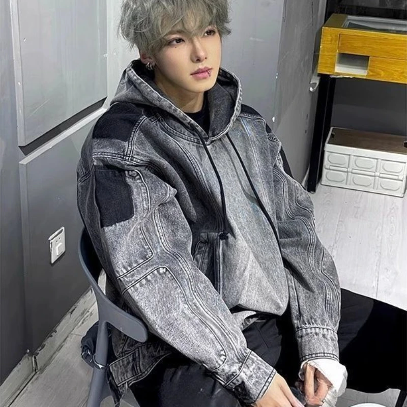 

Vintage Denim Hoodies Men Clothing Street Fashion Harajuku Hip Hop Washed Stitching Sweatshirt Hoodie Loose Casual Men Tops