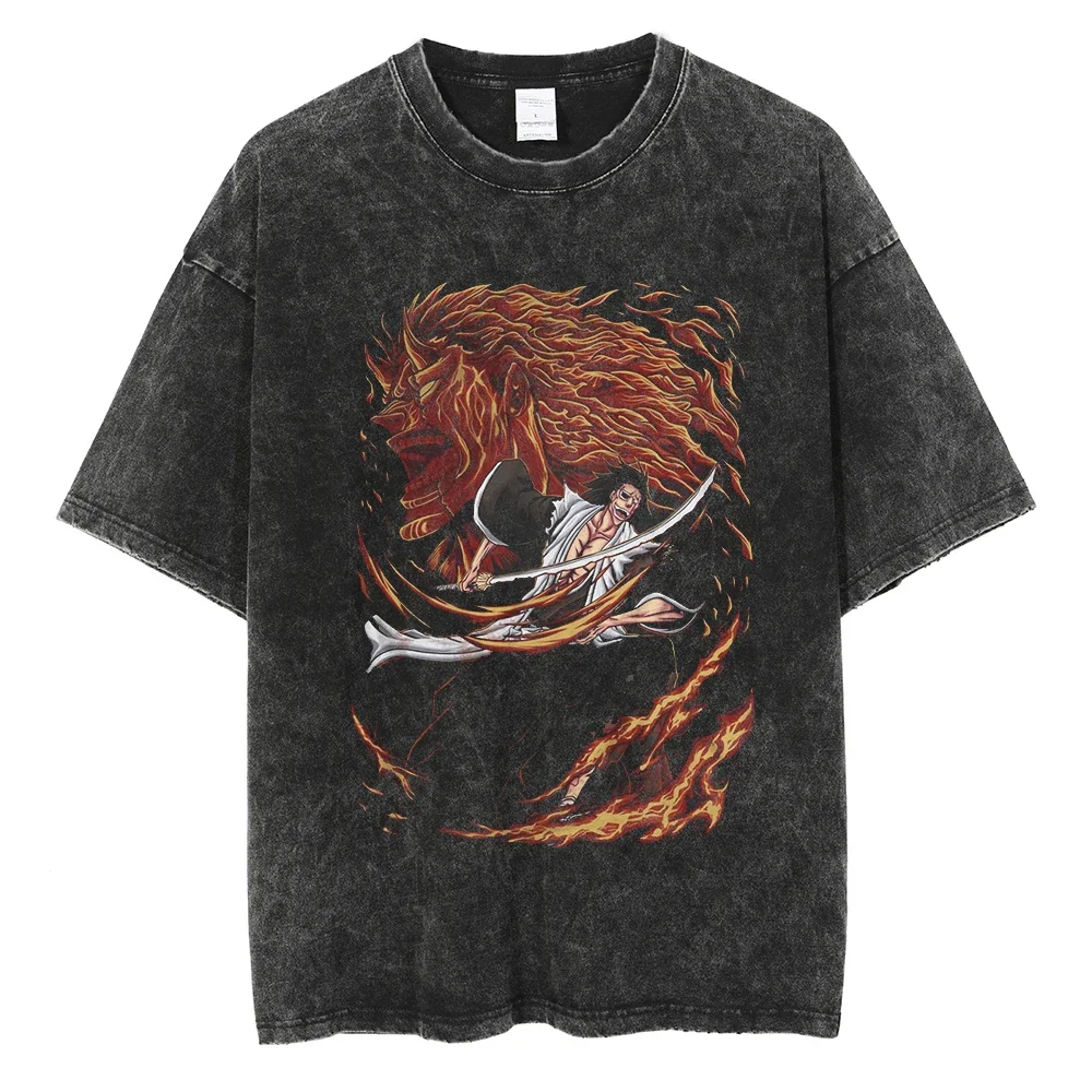 Camisetas con estampado gráfico Harajuku para hombres, ropa de calle de gran tamaño, Hip Hop, Japón, Anime, BLEACH, algodón lavado, manga corta