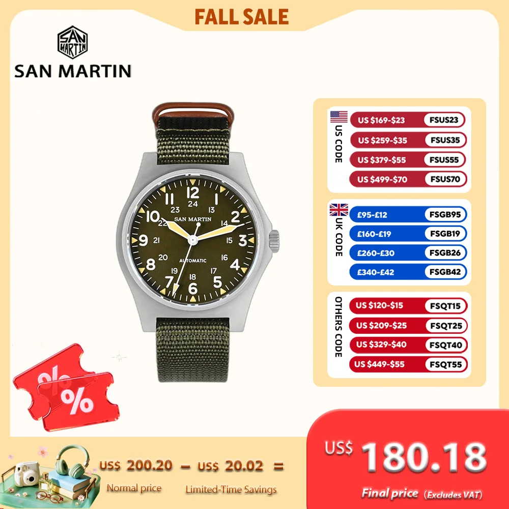 San Martin 38mm NH35 Field Automatic Watches For Men Wrist Watch Clock Mechanical Simple Pilot Waterproof 10ATM Montre SN0137