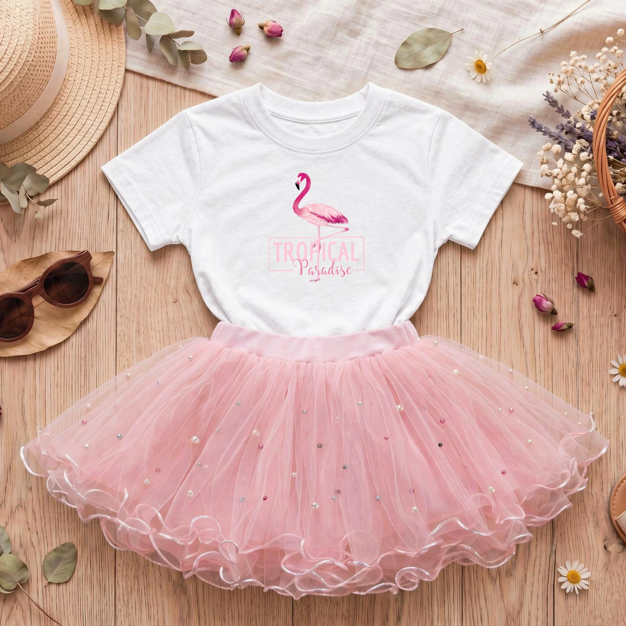 Conjunto de Ropa de Moda Infantil de 2 Piezas para Niñas, Camiseta con Estampado de Flamencos, Falda Corta de Tul, Atuendos Casuales de Verano