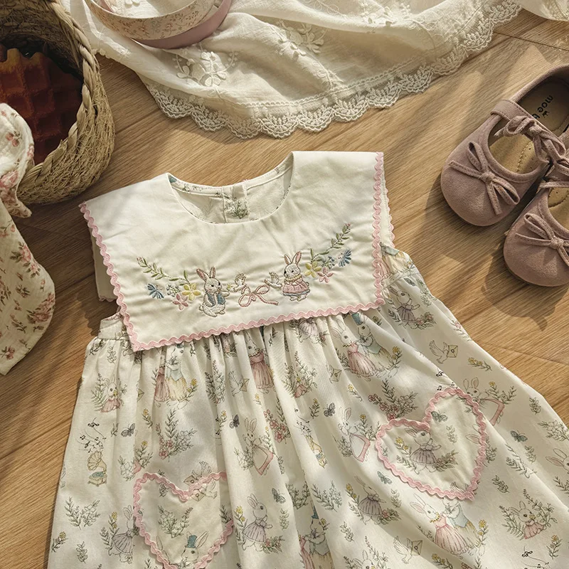 Bunny Embroidered Lapel Girls Dress 2026 Summer Sleeveless Children's Tank Skirt