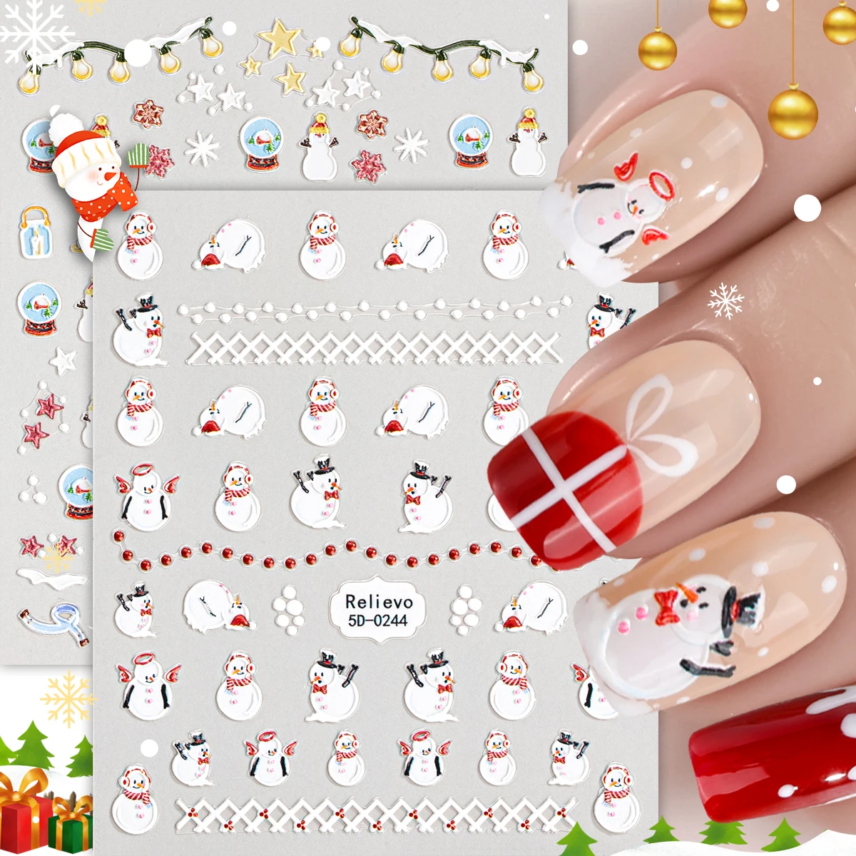 2 uds pegatina artística de uñas de Navidad de dibujos animados 5D muñeco de nieve copo de nieve estrellas autoadhesivas calcomanías de uñas para decoración de manicura DIY ﻿