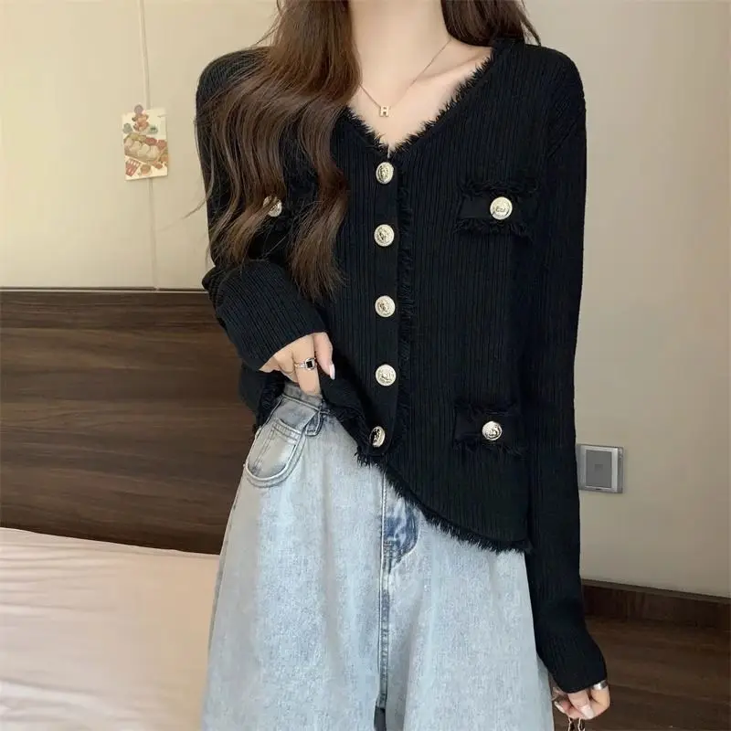 Button Solid Color Cardigan Long Sleeve V-Neck Sweater Knitted Coats Casual Spring Autumn Women's Clothing Office Lady Tops