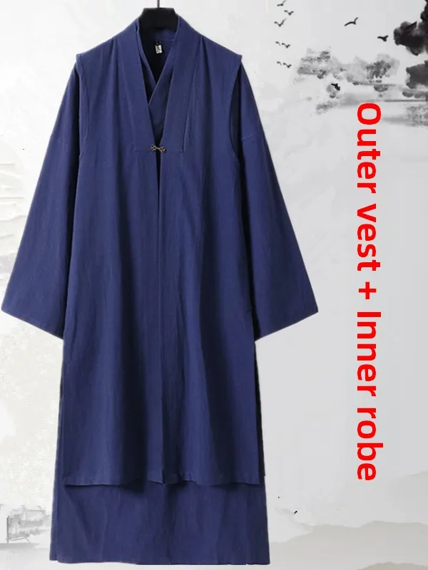 

Большой размер, унисекс, весенне-летний, в старинном китайском стиле, из хлопка и льна, длинное пальто Ханьфу с косым воротником, повседневная одежда на все сезоны