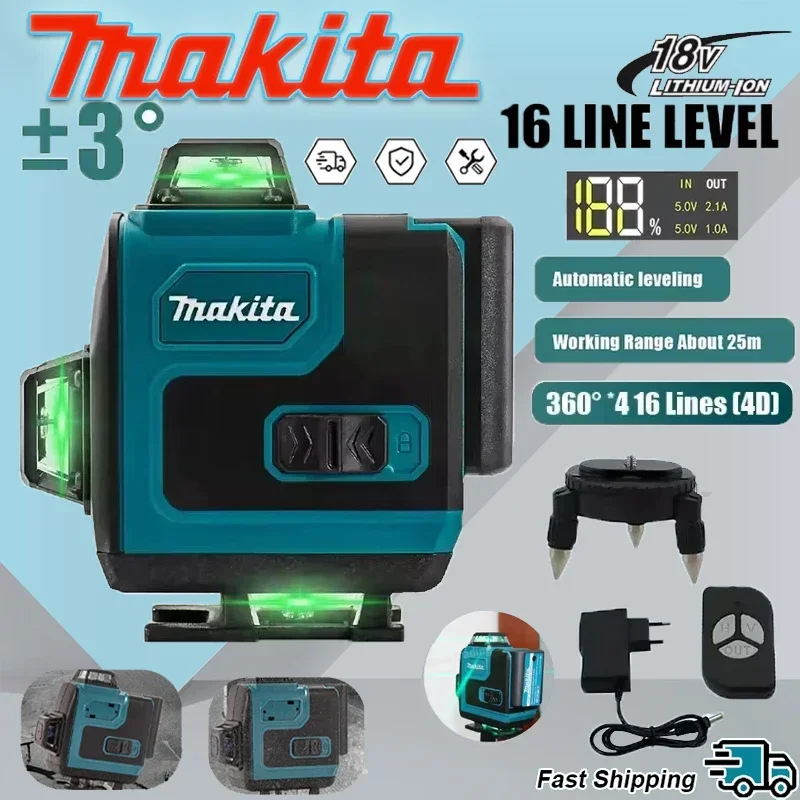 

Лазерный нивелир Makita 360° (горизонтальный/вертикальный) с 16 зелеными линиями, высокоточный, настенный, портативный инструмент