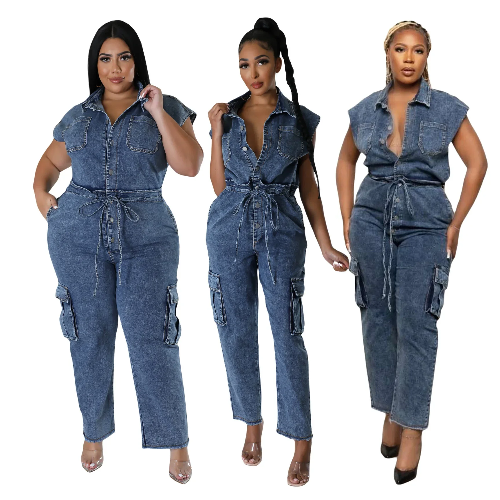 

Vintage Denim Overalls Jumpsuits Rompers Women Pockets Lace Up Casual One Pieces Jeans Straight Pants Streetwear Bodysuit