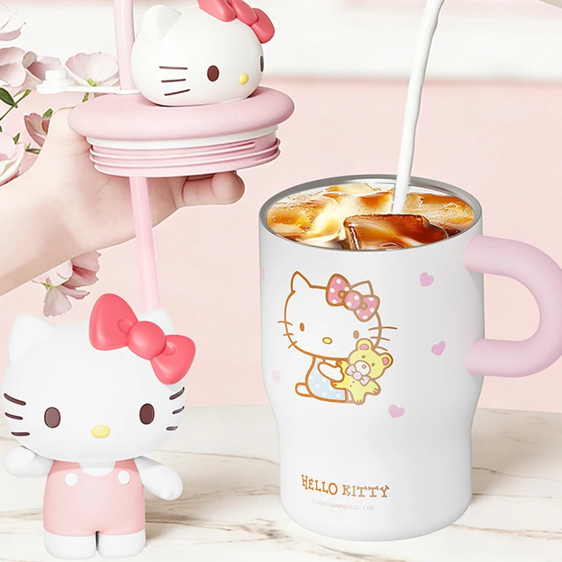 X&W 500ml Hello Kitty Sanrio Straw Cup 316 Stainless Steel Insulated Bottle with Handle Cute Portable Thermal Cup for Girls Kids