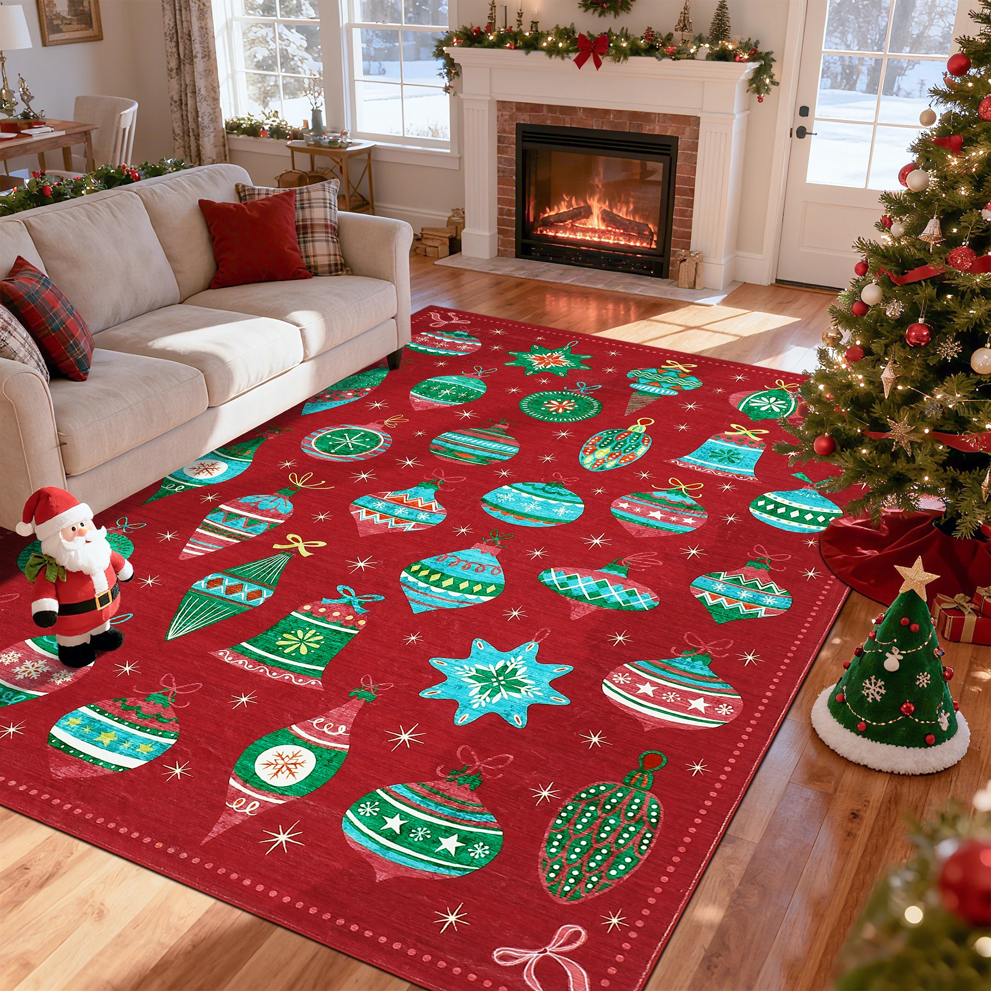 Christmas Ornament Area Rug Machine Washable Low Pile Non-slip Carpet for Bedroom Living Room