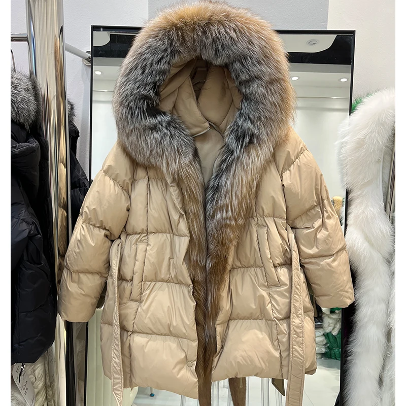 معطف نسائي من Ele بياقة من الفرو أسفل Jaet متوسط الطول وحزام للخصر معطف دافئ للتنقل Sle #3