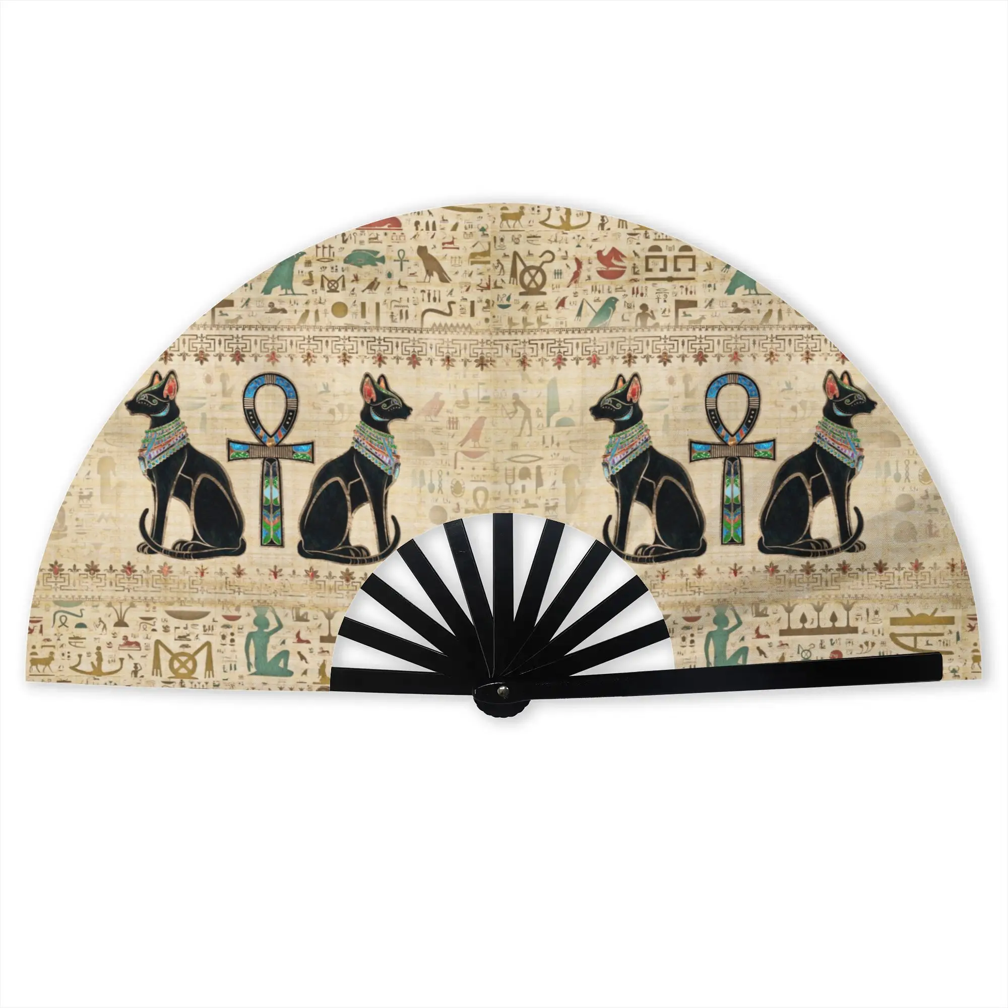 Egyptian Hieroglyphs Traditional Folding Fan Chinese Style Ancient Egypt Symbol High-Quality Polyester Fans Decorative Hand Fan