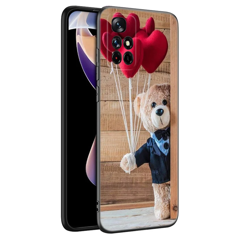 Cute Teddy Bear Black Silicone Phone Case For Xiaomi Redmi Note 10 11 11S 12 12R 13 13R Pro 12S 4G 11T 5G Plus 10S