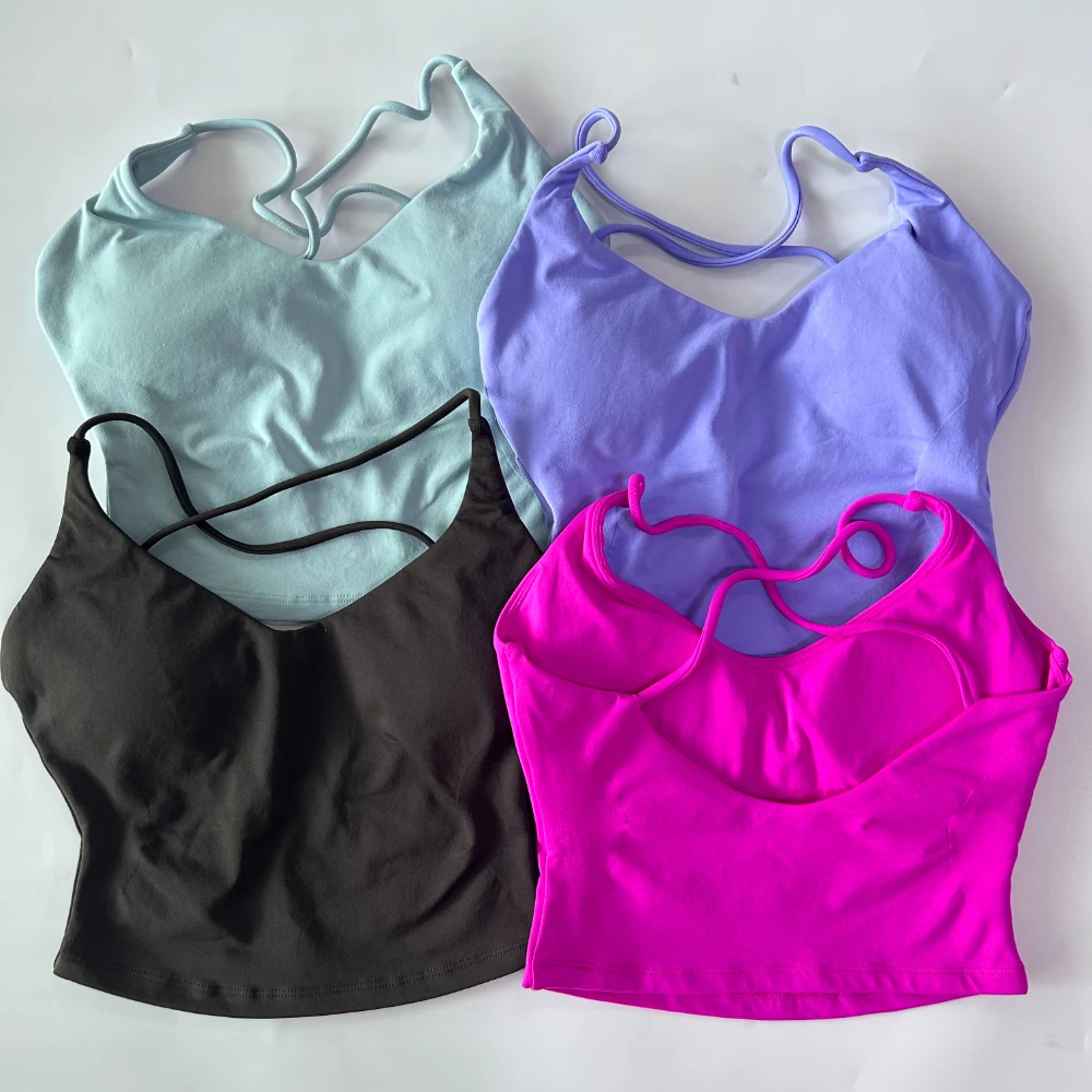 Nahtloses Trägertop Rückenfreies Gepolstertes Gym-Top für Damen mit überkreuzten Rückenriemen, eingebautem BH, herausnehmbaren Cups, Activewear Yoga-Shirt Tanktops – Detail 3