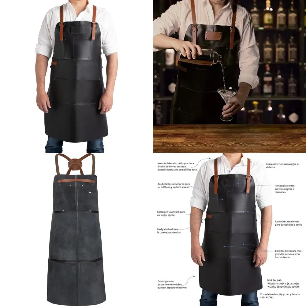 مآزر كروس بظهر من الجلد الطبيعي للرجال مع جيوب للاستخدام الاحترافي في المطبخ