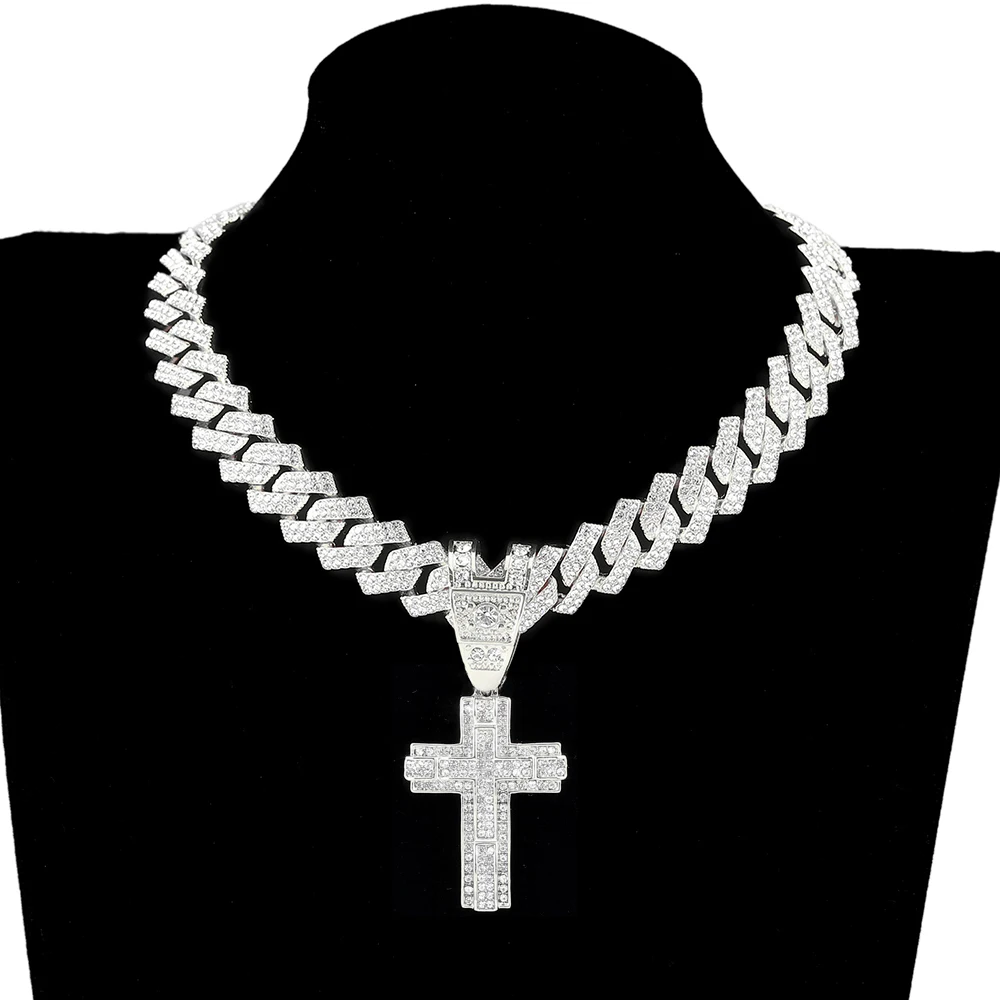 Men Women Shiny Cross Pendant Necklace With Miami Cuban Chain Link Hip Hop Iced Out Bling Fashion Exquisite Charm Jewelry Gift