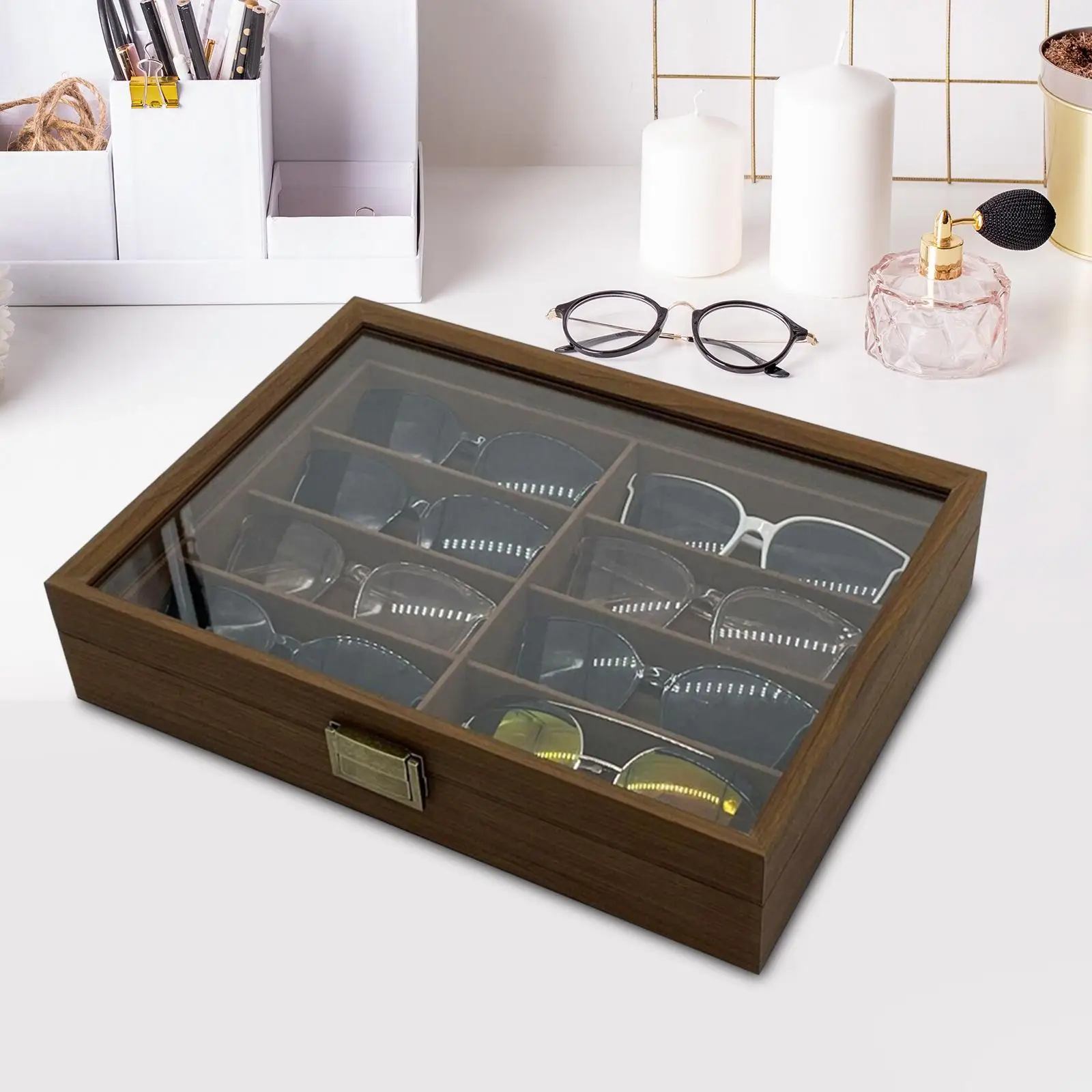 Wooden Sunglasses Organizer Box Eyewear Storage Container 8 Slots Brown Display Drawer for Collection Ornament Exhibition