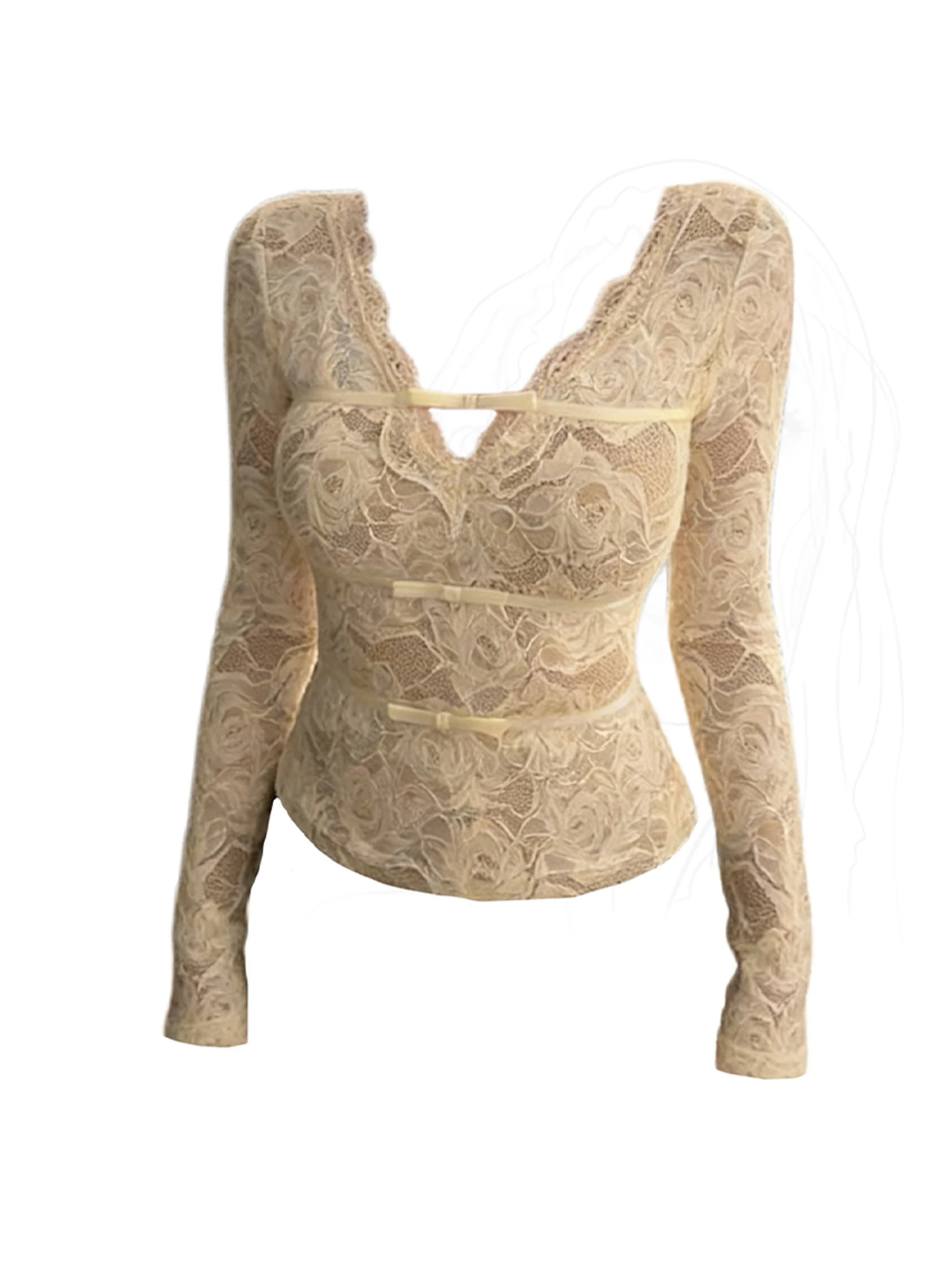 Women Apricot Lace Bow T-shirt Y2k Gyaru Tee Top 2000s Vintage Aesthetic Long Sleeve Oversize V-Neck Sexy T-shirt Clothes Spring