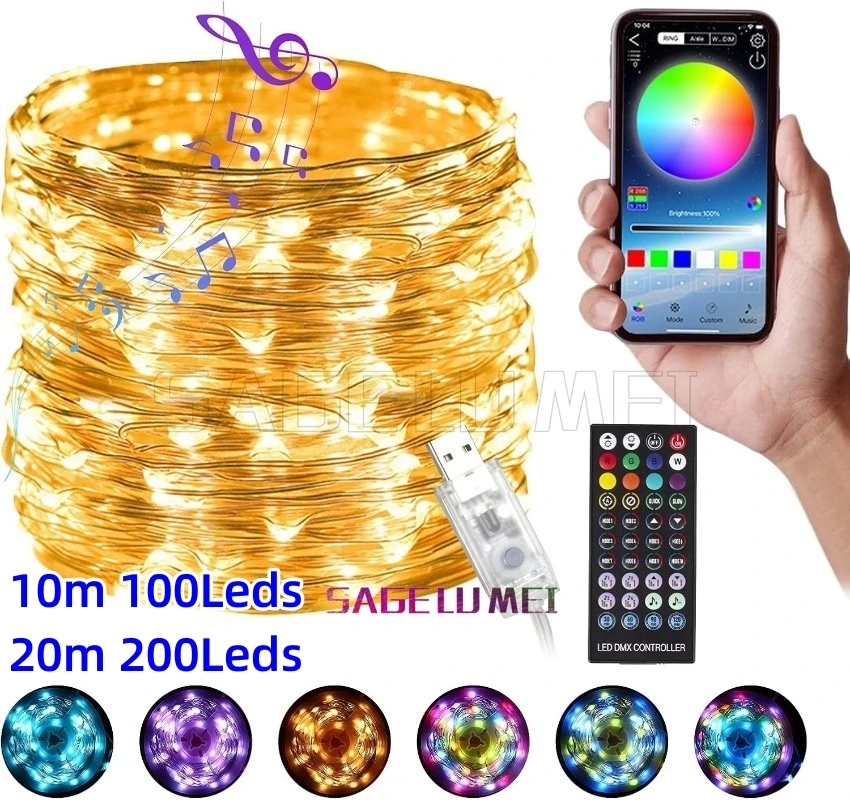 Lumières de Noël LED avec télécommande, lampe de vacances dégradée, mode musique RVB, lampe proxy, application de bricolage, 10m, 100, 200LED, 20m