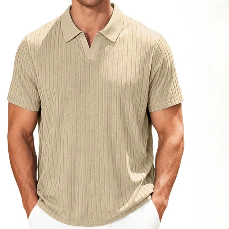 Stylish Men's Striped Jacquard Short Sleeved Lapel Shirt for Summer Breathable Casual Office Tshirt Summer Slim Versatile Tshirt