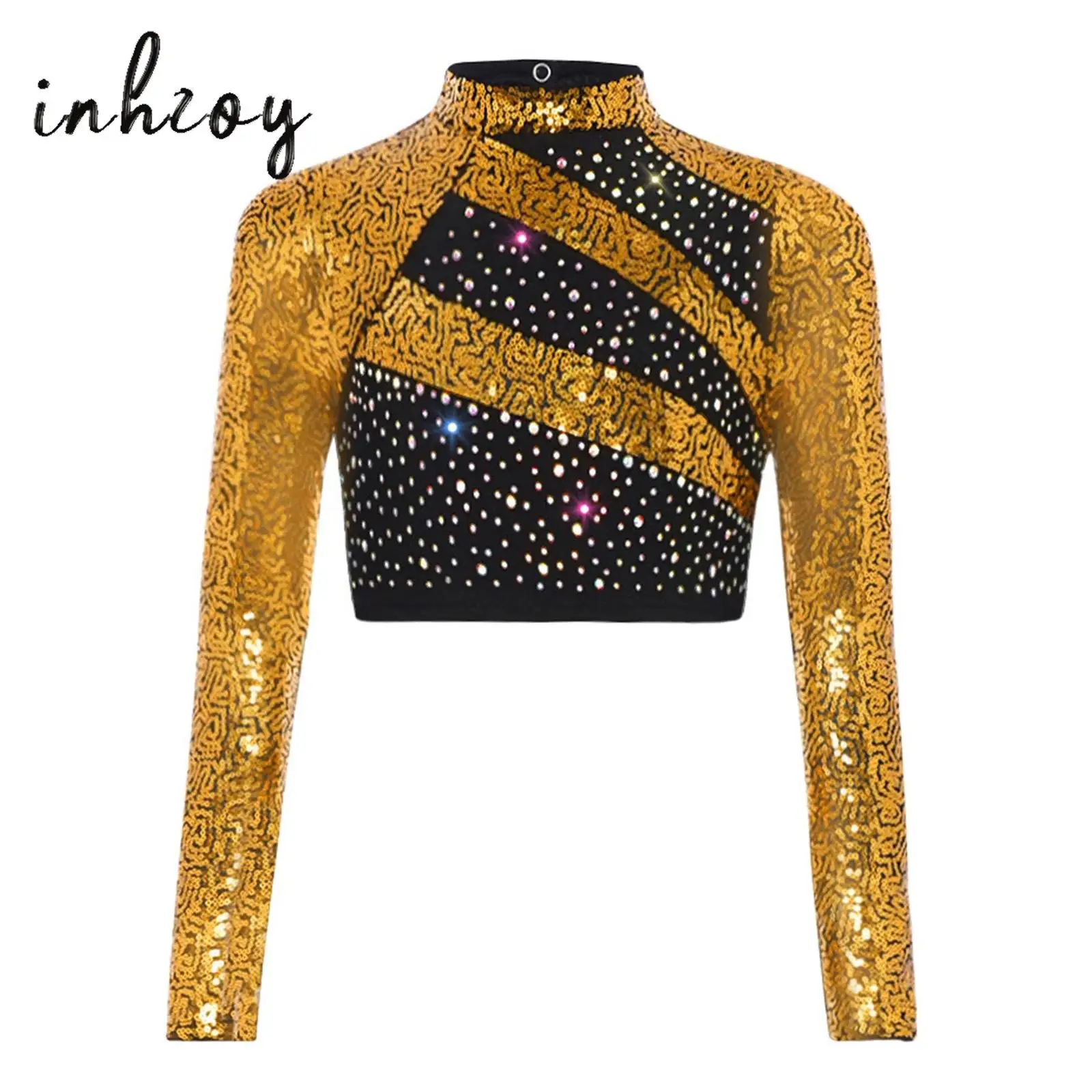 

Kids Girls Jazz Hip-hop Dance Tops Mock Neck Long Sleeve Sequin Rhinestones Cutout Back Crop Top for Gymnastics Performance
