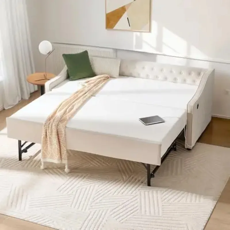 Twin To King Daybed with Pop Up Trundle, Upholstered Button Tufted Velvet Day Bed Frame with USB Ports & Side Pockets