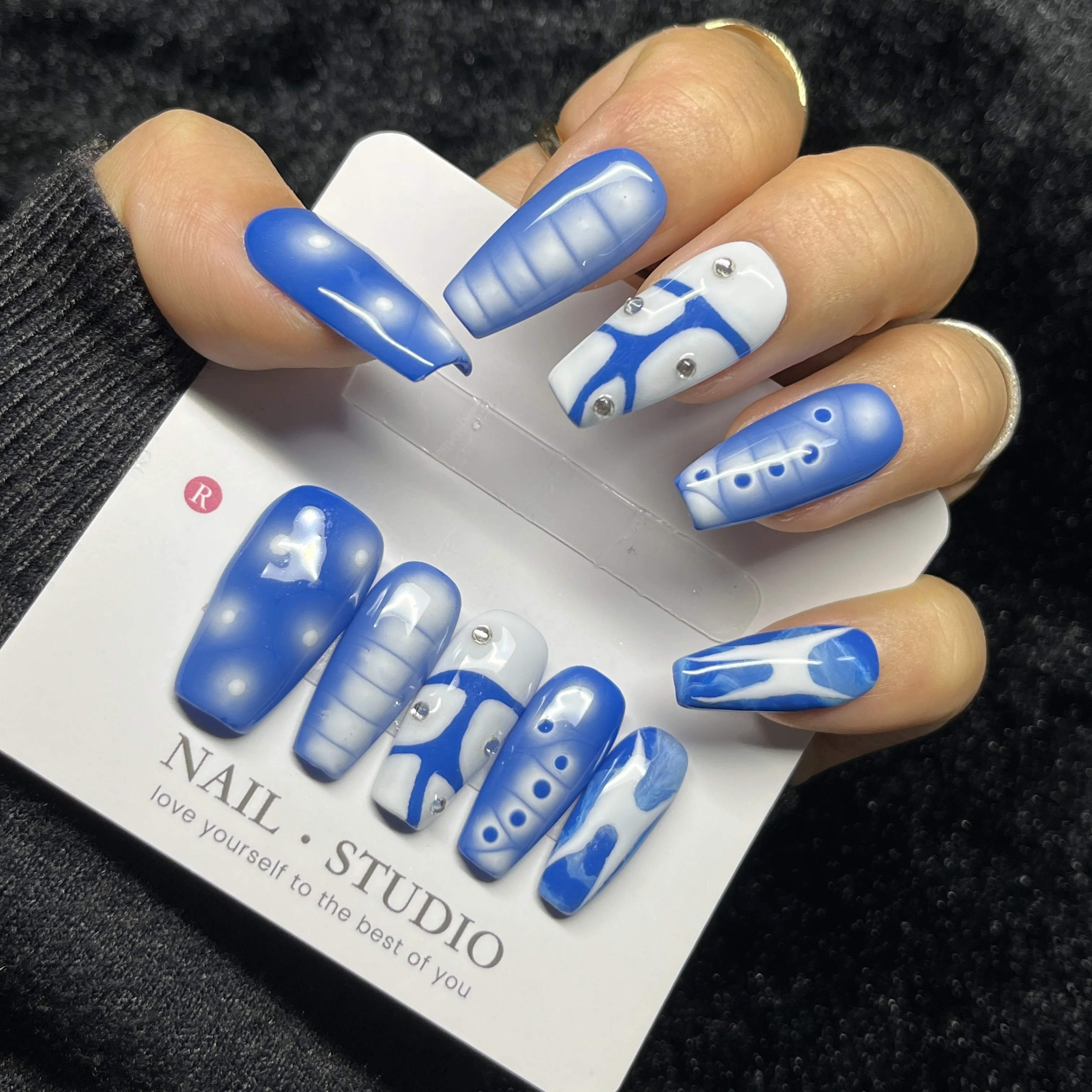 10PCS Colorful Star False Nails with Medium Square Y2K Kawaii Press on Nails Rhinestone Metallic Glitter Bright Handmade Nails