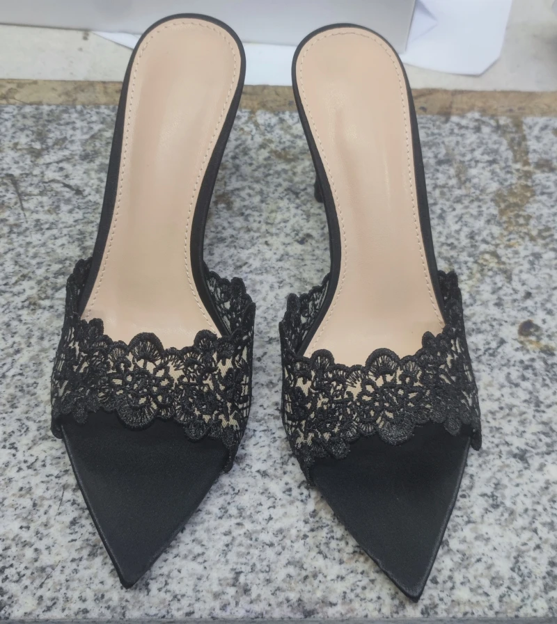 New Summer Women\'s High-heeled Sandals, Sexy and Comfortable Lace Embroidered Shoes, Mules, Banquet Shoes