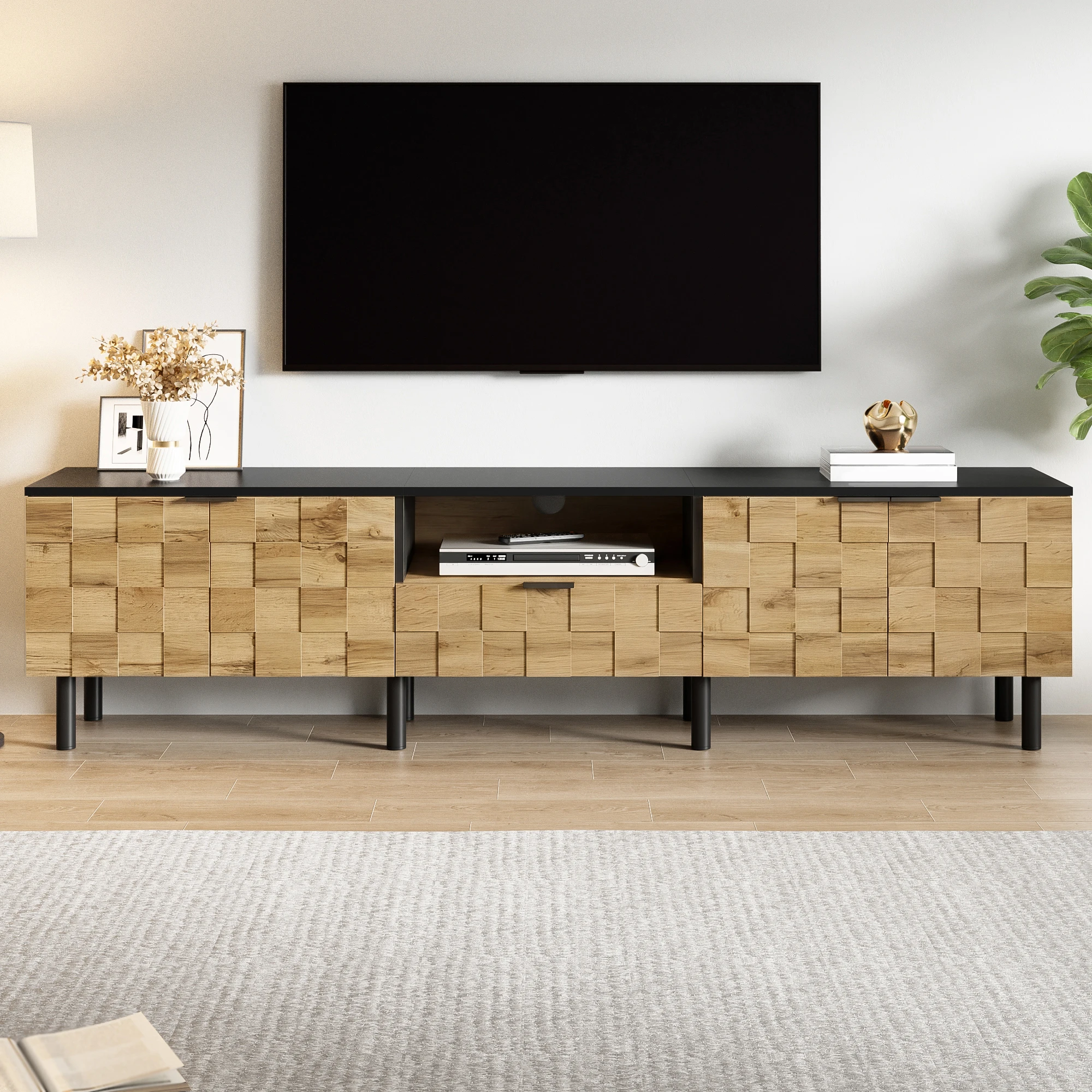 Mosaik-TV-Schrank TV-Lowboard, 2-türig mit Schublade und offenem Fach, Medienkommode für Wohnzimmer aus Spanplatte mit Holzoptik und stabilen Metallfüßen, multifunktionales Medienmöbel mit Stauraum