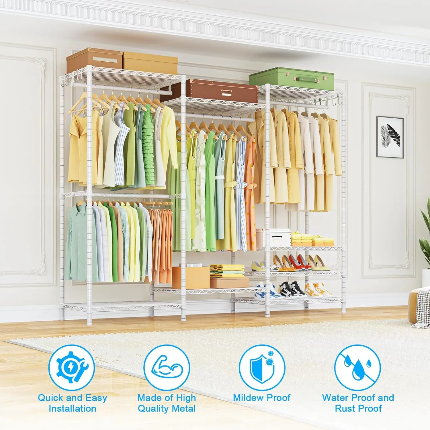 Ulif-E13 Heavy Duty Roupas Rack, 4 Hanger Rods e 8 Prateleiras, Racks de roupas autônomas para pendurar roupas, ajustável