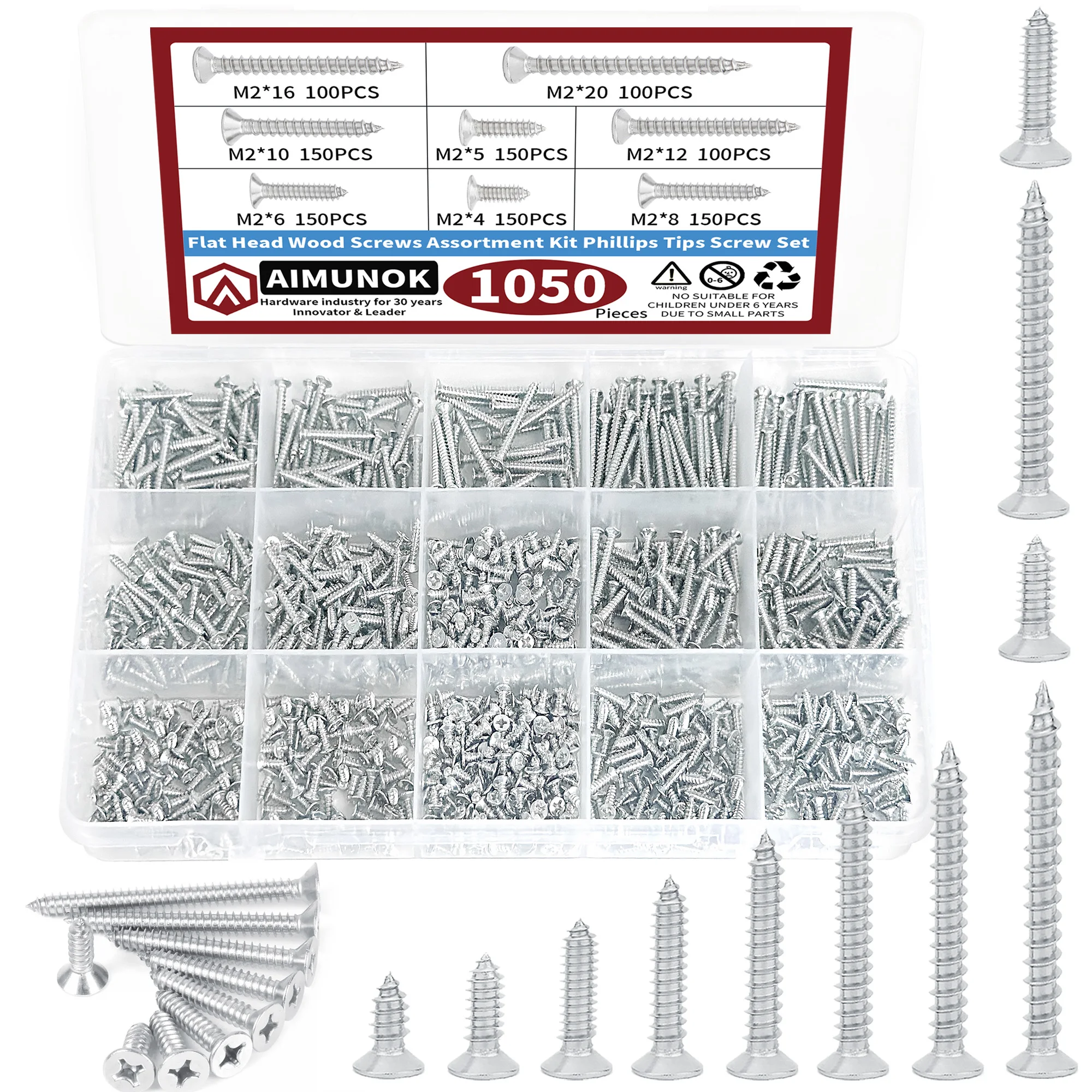 Cabeça chata Madeira Parafusos Variedade Kit, M2 Metric Metal Parafuso, Rosca Móveis Parafuso Set, Dicas Phillips, 1050Pcs