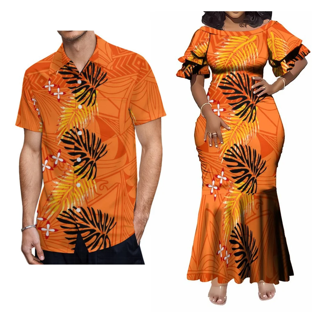 2025 Women'S Slim-Fit Petal-Sleeve Dress Polynesian Samoa Couple Suit Fiji Hawaiian Men'S Short-Sleeved Casual Shirt