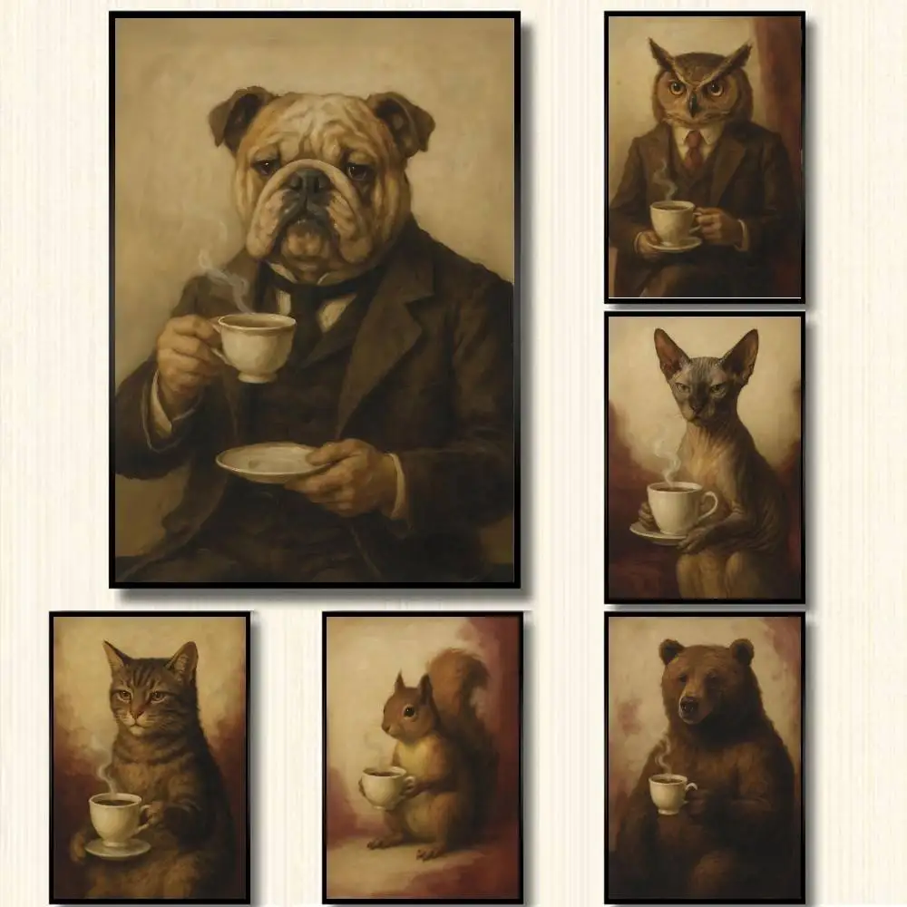 Póster Vintage de animales victorianos, cuerpo humano, beber café, gato, oso, búho, impresiones de alta definición, pintura artística de pared, decoración del hogar