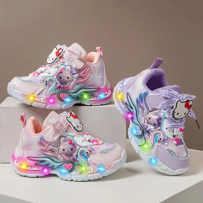 

Кроссовки Sanrio Hello Kitty для девочек со светодиодной подсветкой, новинка 2026 года, весенние повседневные спортивные туфли, обувь для малышей, нескользящие детские теннисные кроссовки